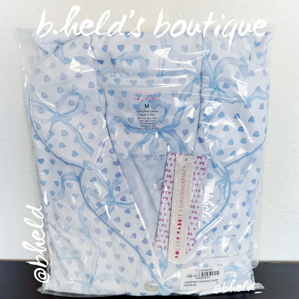 Roller Rabbit x LoveShackFancy Luna Bow Hearts Long Sleeve Polo Pajamas PaleBlue - Picture 11 of 15